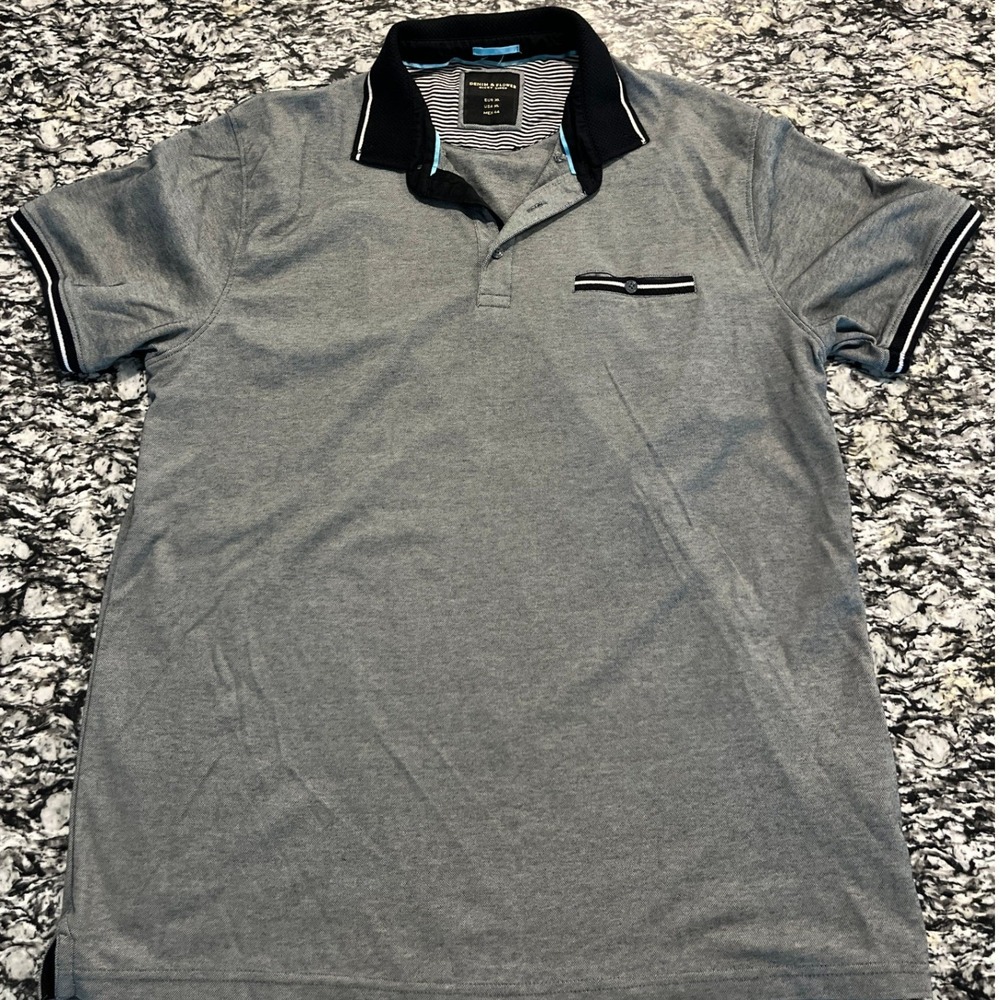 Denim & Flower Ricky Singh Mens XL Grey Pique Polo Shirt Black Tipped Collar